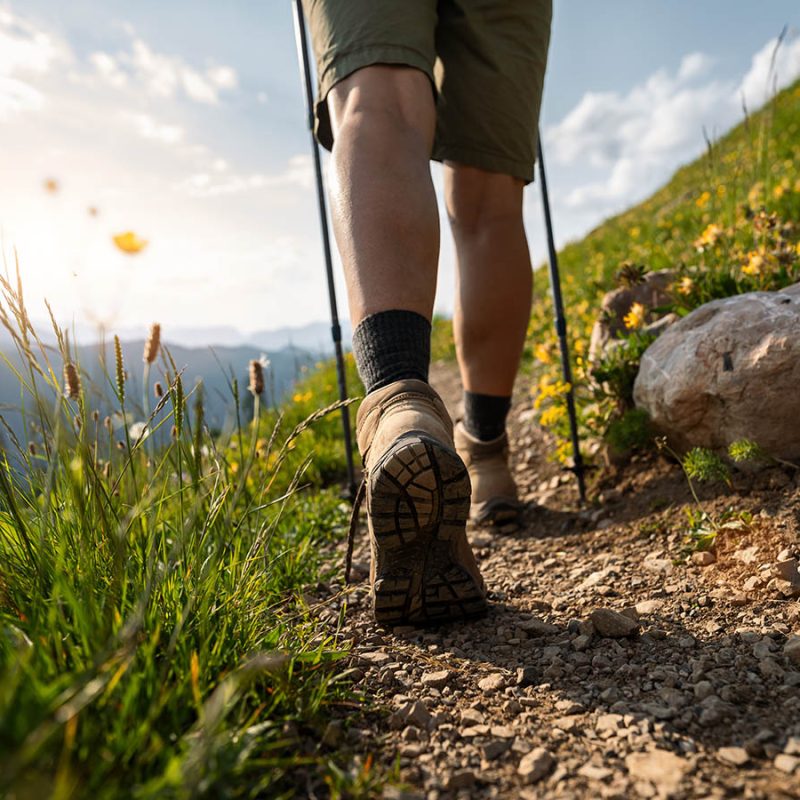 A person in hiking boots with walking sticks walking a trail