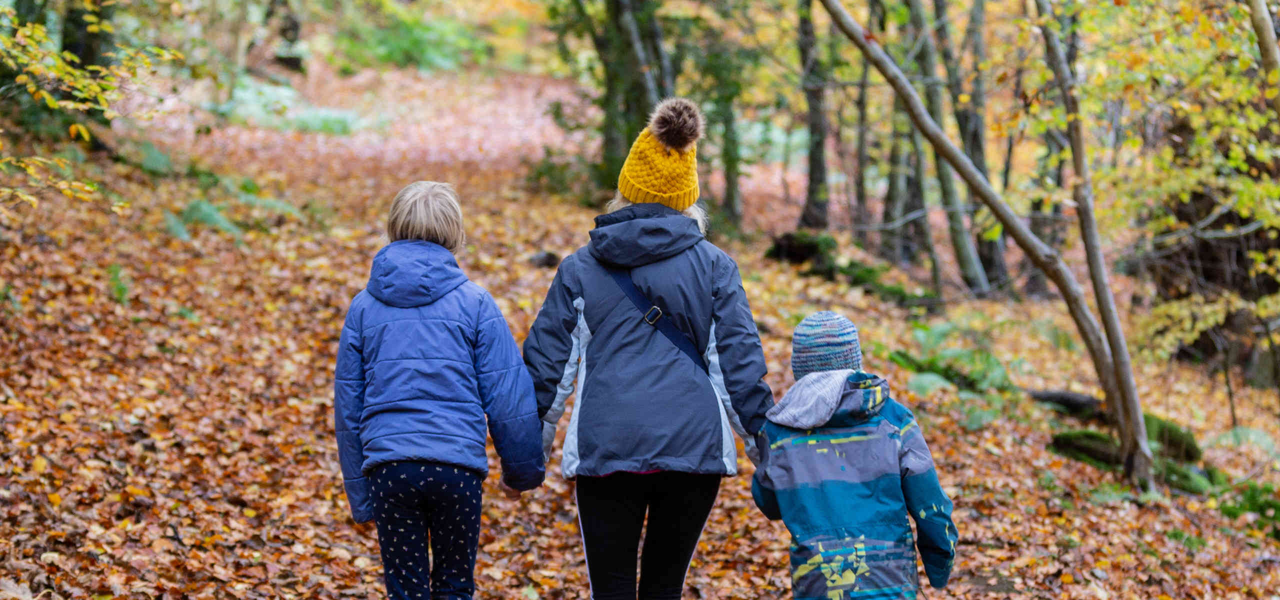 Mum and two children on an autumn walk