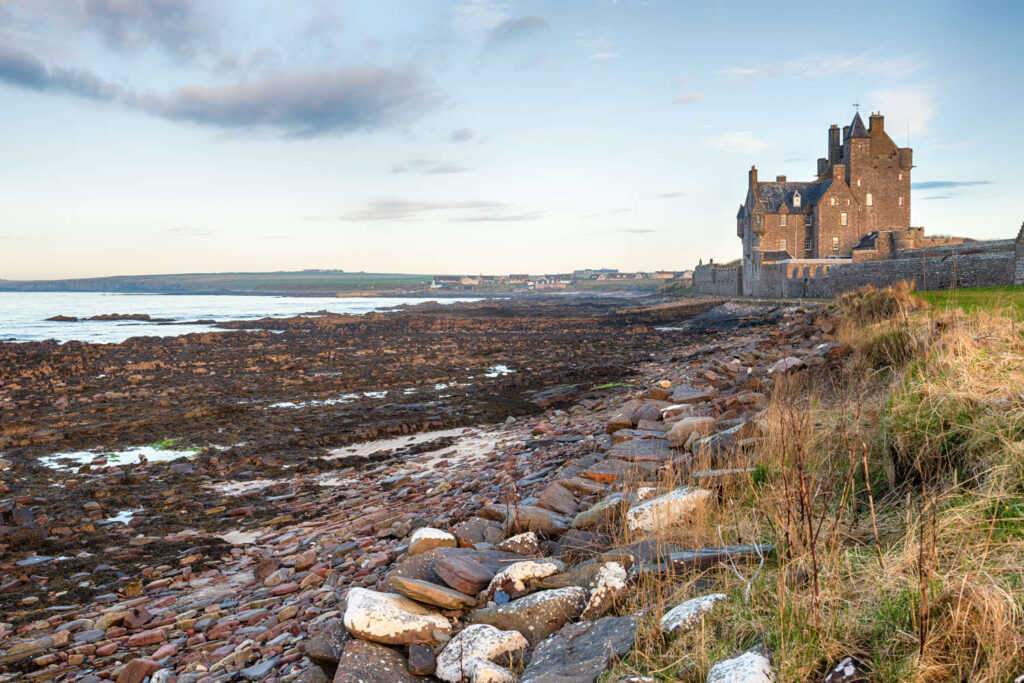 Ackergill Tower on the beach at Reiss near Wick in Caithness