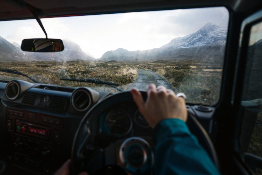 View from 4x4 drivers seat in the Scottish Highlands