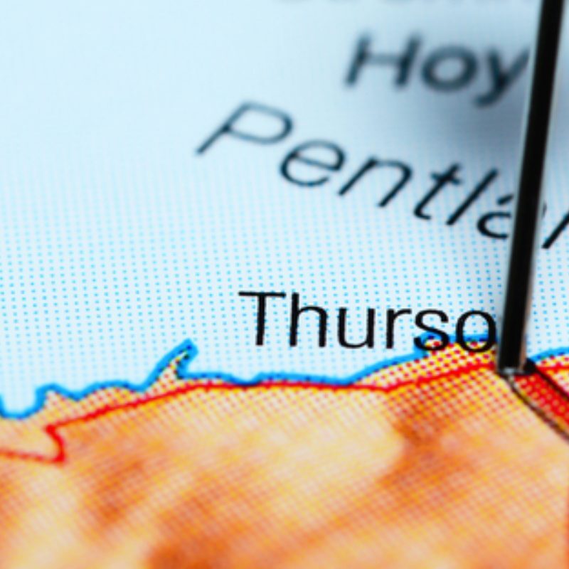 A zoomed in image of a map of scotland with a pin on the north coast toun of Thurso in Caithness.